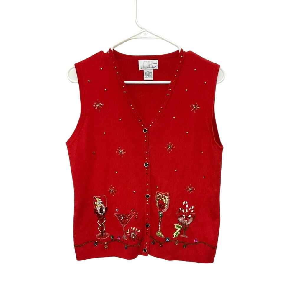 VTG 90s Red Knit Holiday Sweater Vest Women's Petite Large Beaded Embroidered